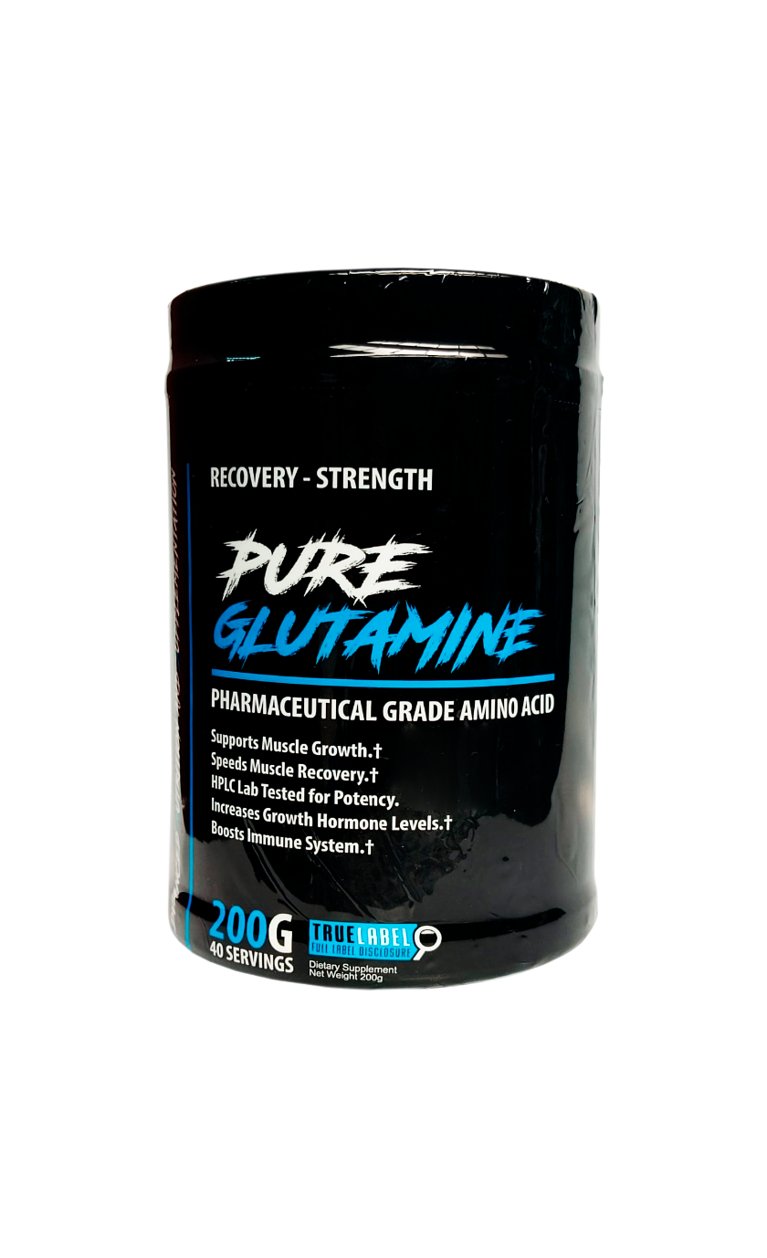 Pure Glutamine en Polvo 200g – Suplemento para Recuperación Muscular Envase de Pure Glutamine en polvo 200g, suplemento de aminoácido grado farmacéutico para recuperación y crecimiento muscular