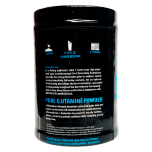 Parte trasera del envase Pure Glutamine en polvo mostrando instrucciones de uso, beneficios y composición del suplemento