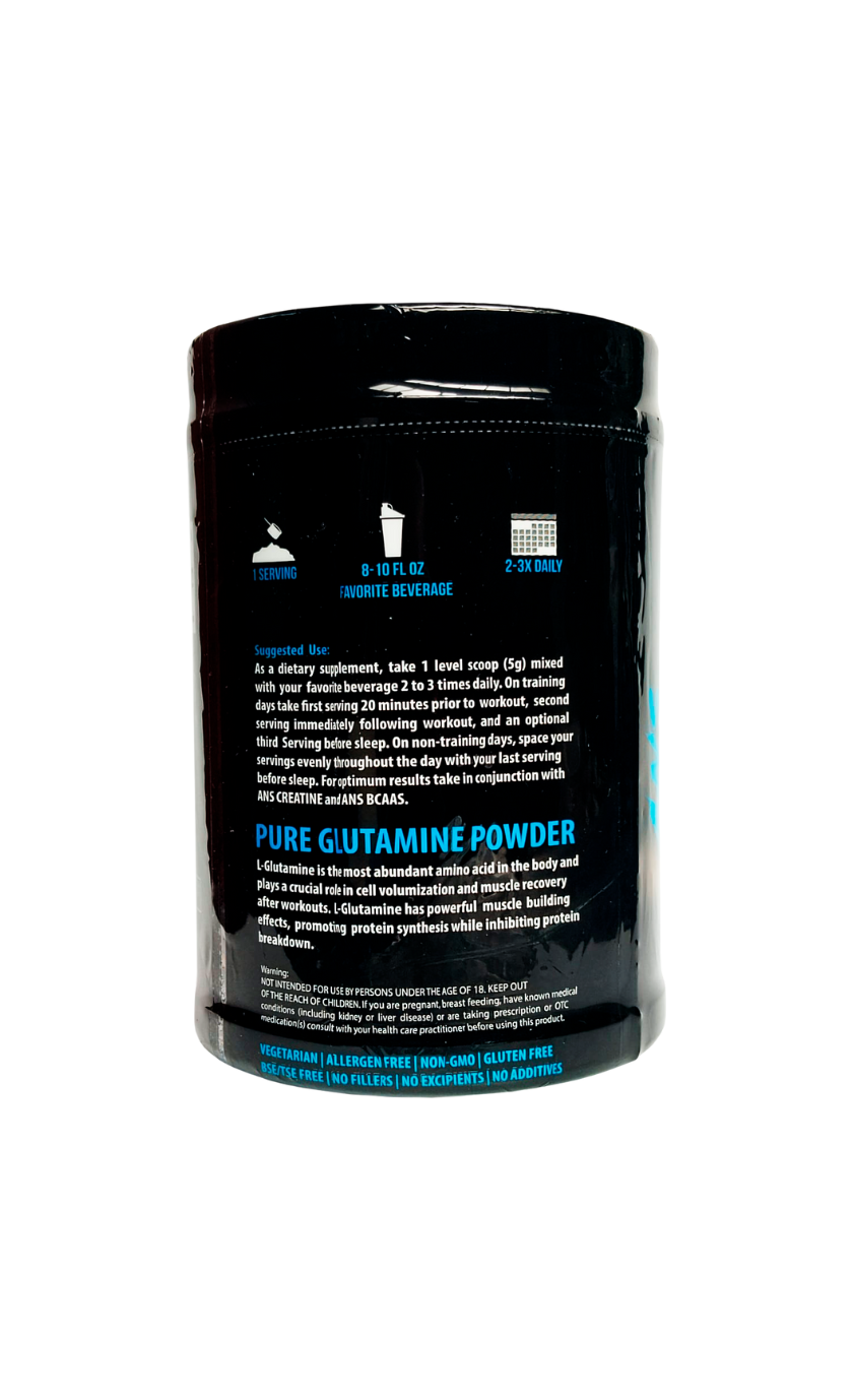 Pure Glutamine Powder – Información Nutricional e Instrucciones de Uso Parte trasera del envase Pure Glutamine en polvo mostrando instrucciones de uso, beneficios y composición del suplemento