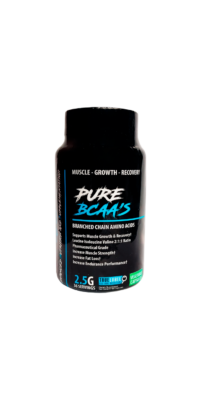 Envase de Pure BCAAs en cápsulas vegetales, aminoácidos de cadena ramificada 2:1:1 para crecimiento muscular y recuperación.