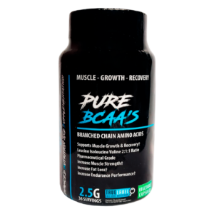 Envase de Pure BCAAs en cápsulas vegetales, aminoácidos de cadena ramificada 2:1:1 para crecimiento muscular y recuperación.