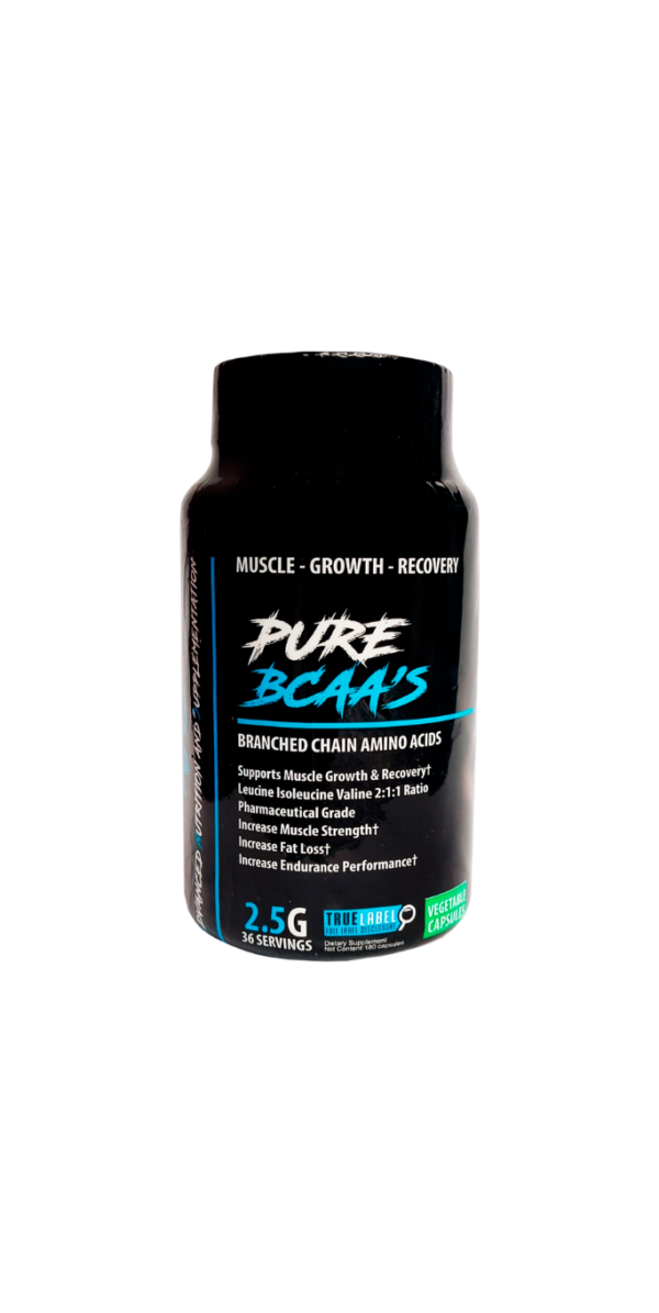 Envase de Pure BCAAs en cápsulas vegetales, aminoácidos de cadena ramificada 2:1:1 para crecimiento muscular y recuperación.