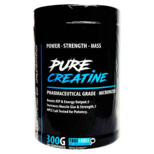 Envase de Pure Creatine monohidratada micronizada de 300 g, suplemento deportivo de grado farmacéutico para fuerza y masa muscular.