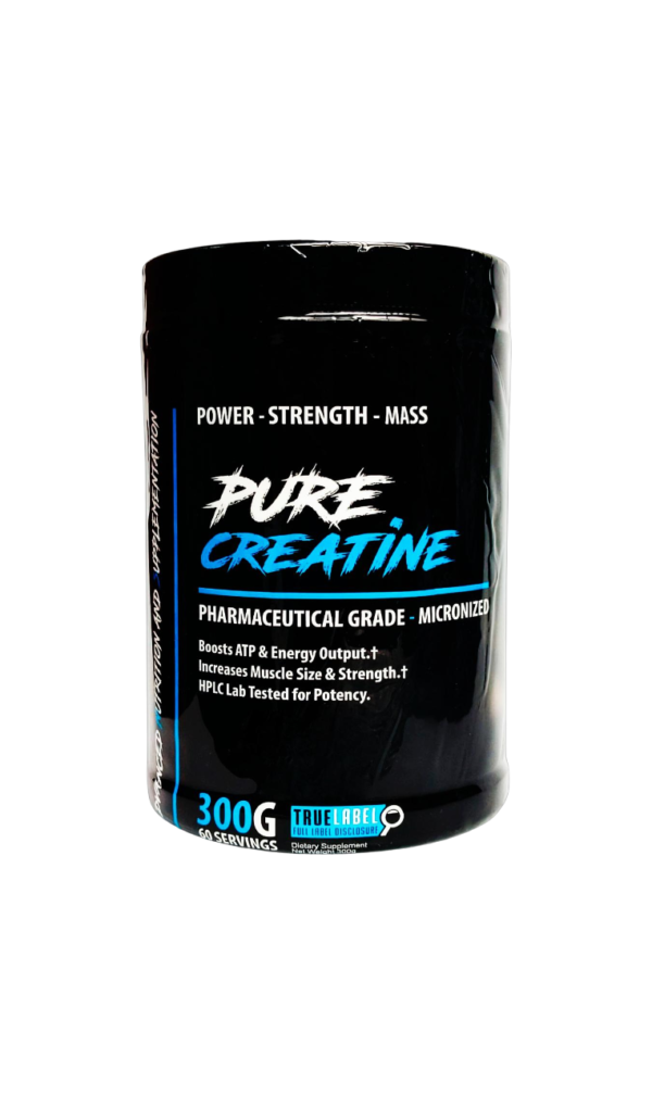 Envase de Pure Creatine monohidratada micronizada de 300 g, suplemento deportivo de grado farmacéutico para fuerza y masa muscular.