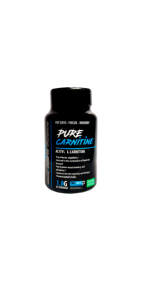 Envase de Pure Carnitine Acetyl L-Carnitine en cápsulas vegetales, suplemento para quema de grasa, enfoque y memoria.