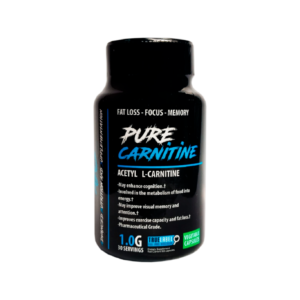 Envase de Pure Carnitine Acetyl L-Carnitine en cápsulas vegetales, suplemento para quema de grasa, enfoque y memoria.