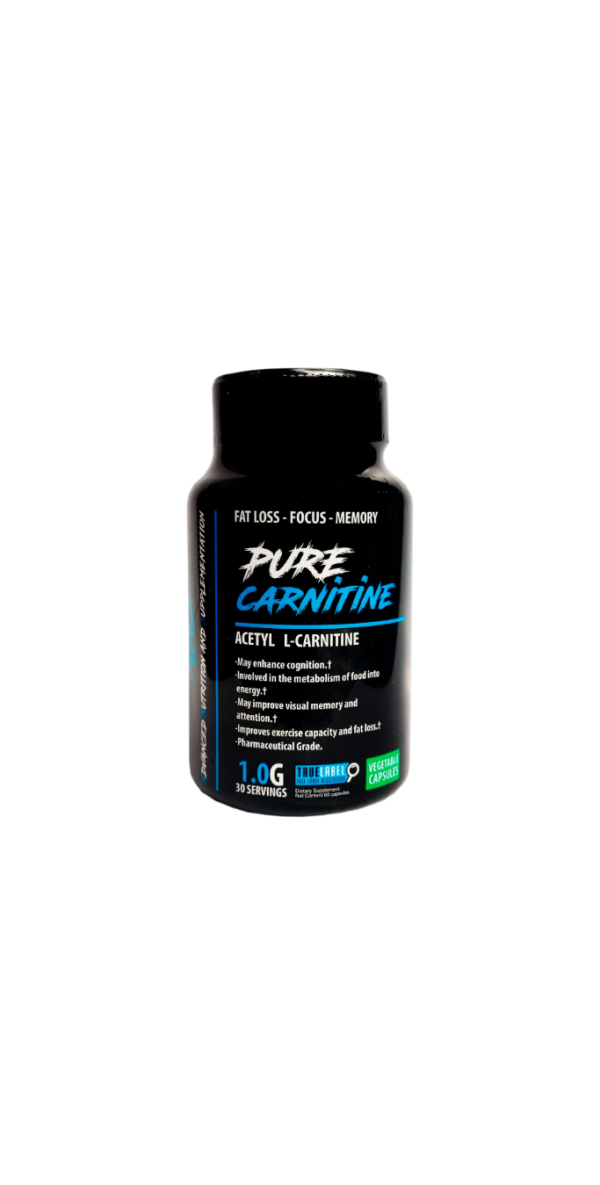 Envase de Pure Carnitine Acetyl L-Carnitine en cápsulas vegetales, suplemento para quema de grasa, enfoque y memoria.